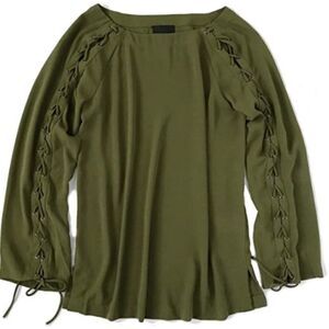Anthropologie Greylin Top Womens Small Olive Green Lace-Tie Long Sleeve Blouse